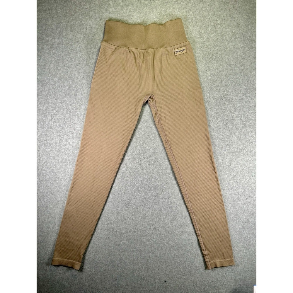 DMG*Youngla Women's Ribbed High-Rise Pull On Leggings M Beige Gym Compression